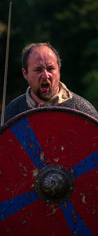 This image shows a warrior witha sword and a red and blue shield, denoting his houshold Norvegr Haseti